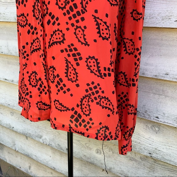 Vintage 80s Orange Block Paisley Print Long Puff Sleeve Button Down Popover Top - Picture 10 of 16